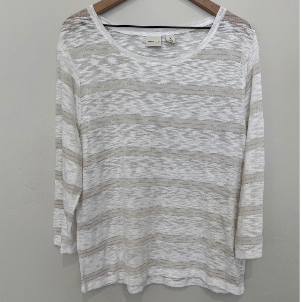 Chico's White Metallic Striped Semi-Sheer Knit Top Boxy 3/4 Sleeve XL Size 3